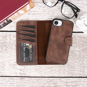 Funda tipo cartera para iPhone 16E hecha a mano, piel flor, diseño 2 en 1 a presión, protección RFID, compatible con MagSafe, regalo perfecto, tarjetero