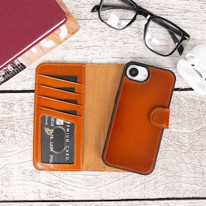 Capa de couro legítimo para iPhone 16E com compartimentos para cartões, capa para iPhone 16E, suporte, fecho magnético, compatível com MagSafe, elegante e segura, presente para mães