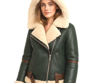 Women’s Green Shearling Leather Bomber Jacket – Handcrafted Sheepskin Flying Jacket, Cropped Aviator Winter Warm Jacket
