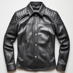 Może przedstawiać: Czarna skórzana kurtka z kołnierzem i pikowanymi ochraniaczami na ramiona. Kurtka ma zapięcie na guziki, dwie małe boczne kieszenie i długie rękawy. Kurtka jest wykonana z gładkiego, błyszczącego materiału.