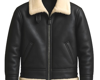 Men's Shearling Aviator Jacket: Brown Sheepskin Leather B3 Bomber-Real Sheep Fur Zipper