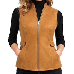 Black women’s genuine leather vest, tailored slim fit with stand collar, full front zipper, smooth finish, studio product photo on white background.