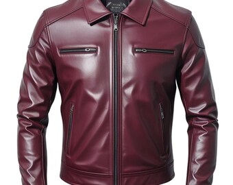 Men's Burgundy Sheepskin Leather Biker Jacket – Handmade Moto Coat