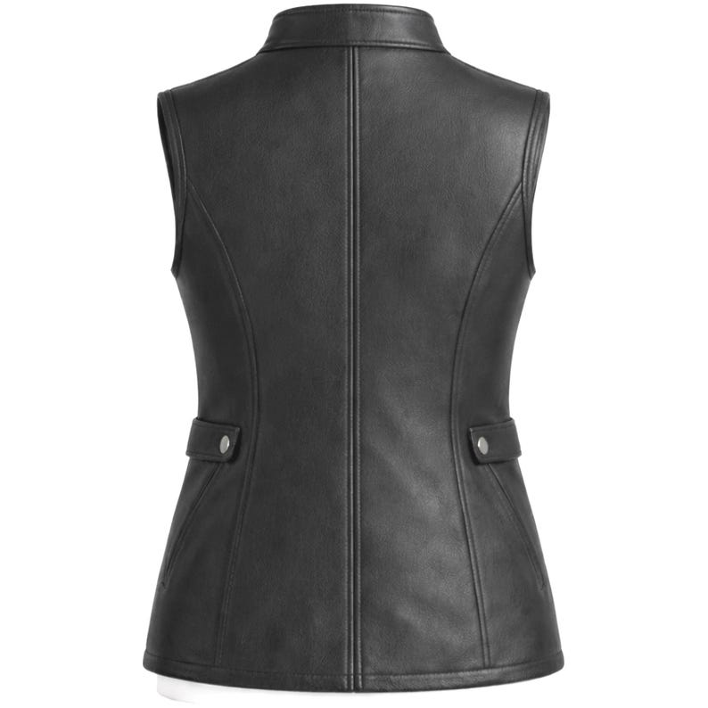 May include: A black leather vest with a collared neckline and two small pockets. The vest has a tailored fit with vertical seams down the back and front, and a button closure on each pocket.