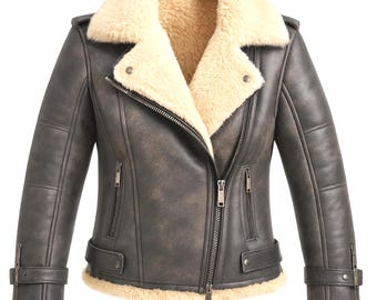 Women's Genuine Sheepskin Leather Biker Jacket with Detachable Shearling Collar