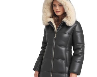 Sheepskin Leather Puffer Jacket: Women's Winter Coat with Faux Fur Hood