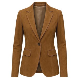Handmade women’s brown suede blazer crafted from genuine suede leather. Features a notch lapel, slim tailored fit, and front button closure. Women brown suede leather blazer front view, slim fit tailored jacket, handmade genuine suede blazer for office wear and casual style