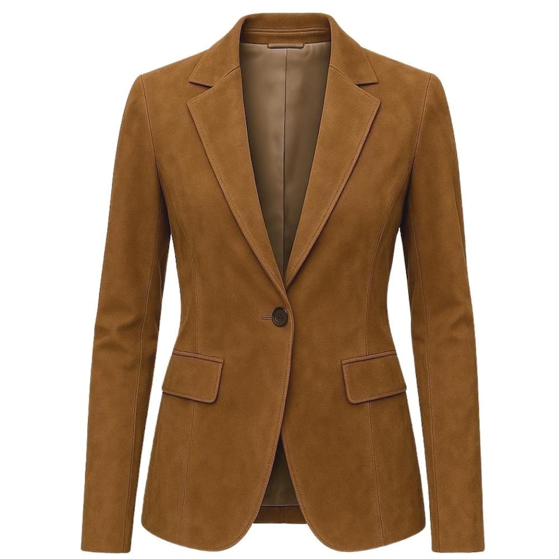 Handmade women’s brown suede blazer crafted from genuine suede leather. Features a notch lapel, slim tailored fit, and front button closure. Women brown suede leather blazer front view, slim fit tailored jacket, handmade genuine suede blazer for office wear and casual style