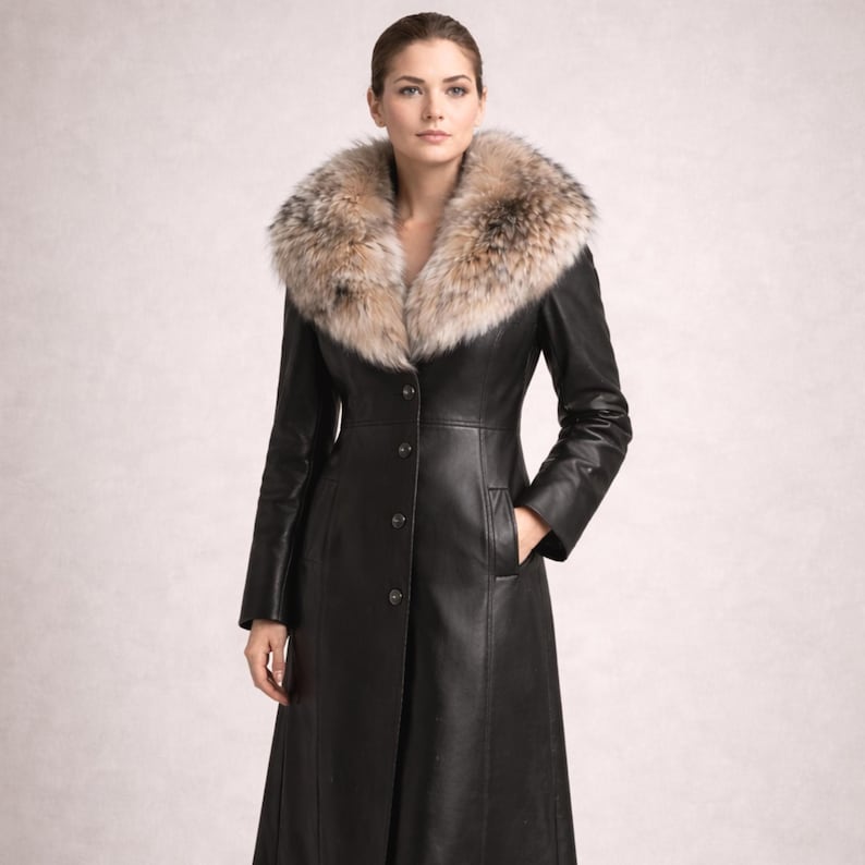 Elegant woman wearing a long black sheep leather coat with real fox fur collar, button front luxury winter coat shown in studio lighting