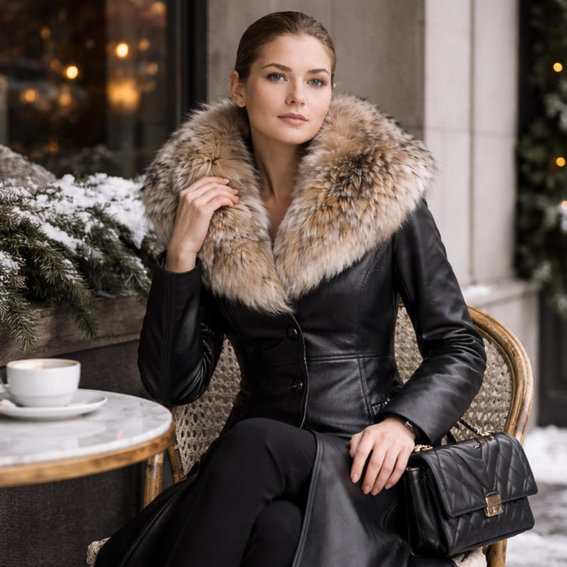 Close up of premium sheep leather coat and real fox fur collar, soft leather texture and natural fur craftsmanship detail