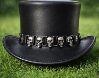 Handmade Leather Top Hat | Gothic Skull Steampunk Vintage Cowhide Western Costume Hat