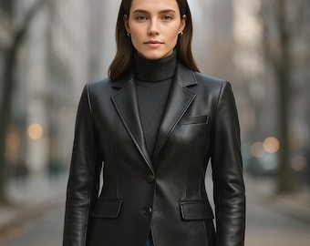 Black Cowhide Leather Blazer Women’s – Tailored Fit, Notch Lapel, Quilted Lining Winter Jacket