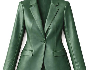 Groene blazer van rundleer voor dames, getailleerde kantoorjas, zakelijke casual jas