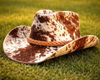 Handmade Cowhide Leather Cowboy Hat, Hair On Hide Western, Genuine Top Hat