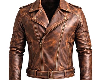 Full Grain Distressed Brown Leather Jacket – Mens Vintage Biker Jacket, Racing Moto Cowhide Coat