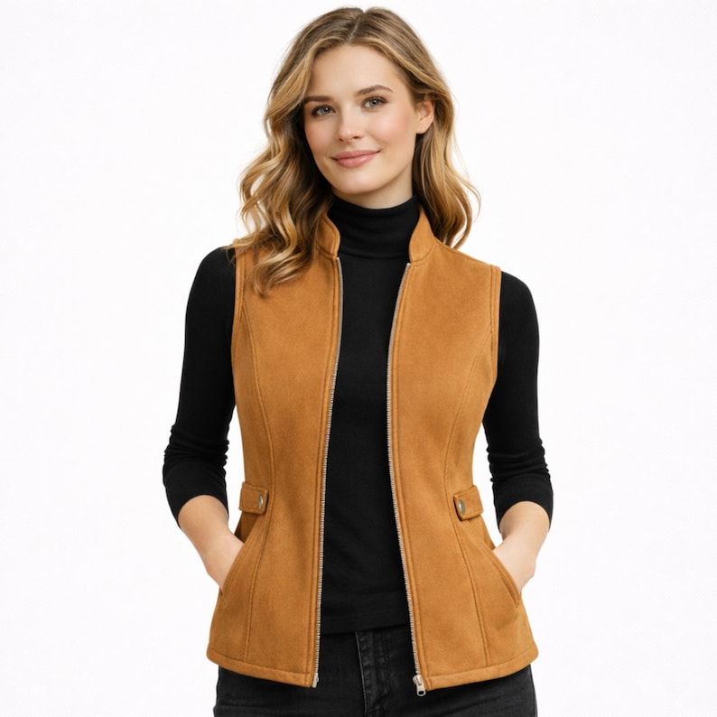 May include: A tan-colored vest with a full-length zipper and two small pockets. The vest is worn over a black turtleneck. The model is wearing black pants and has her hands in her pockets.