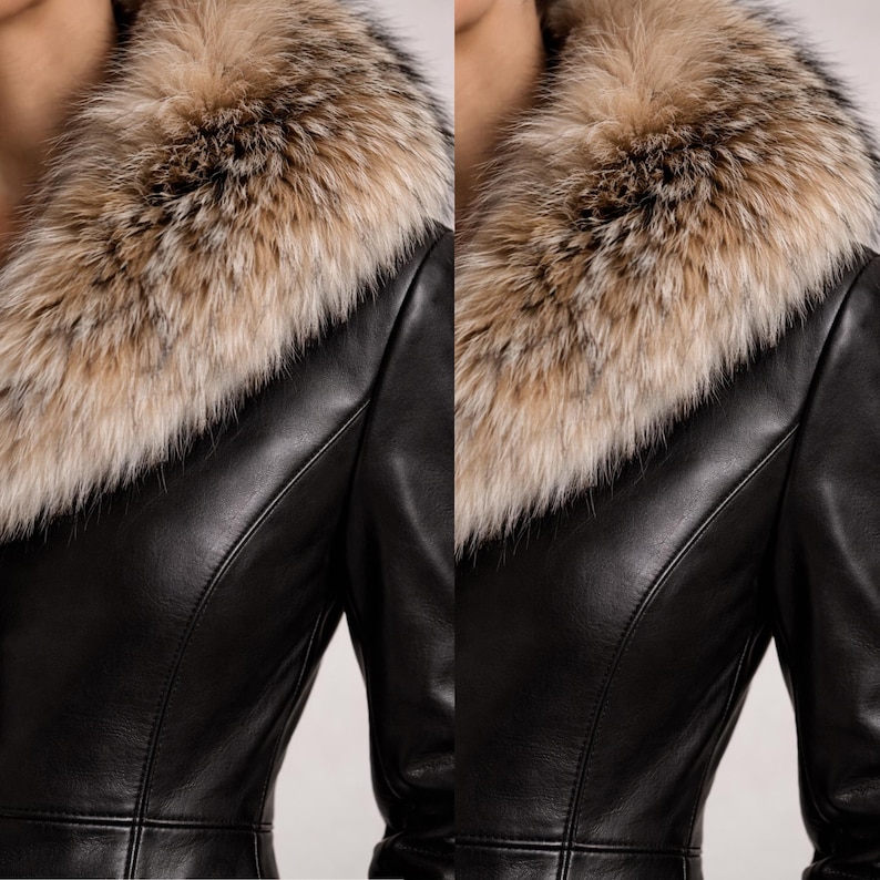May include: A close-up of a black leather jacket with a fur collar. The collar is a mix of light brown, tan, and dark brown fur. The jacket has a tailored fit with seams that follow the body's shape.
