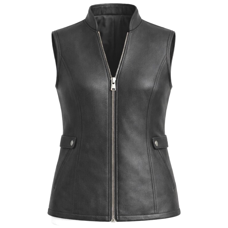 May include: A black leather vest with a stand-up collar and a full-length silver zipper. The vest has two small pockets with button closures and a tailored fit. The vest is sleeveless and appears to be made of genuine leather.