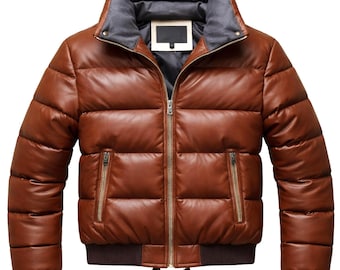 Men's Sheepskin Leather Puffer Jacket | Stand Collar Bomber Coat