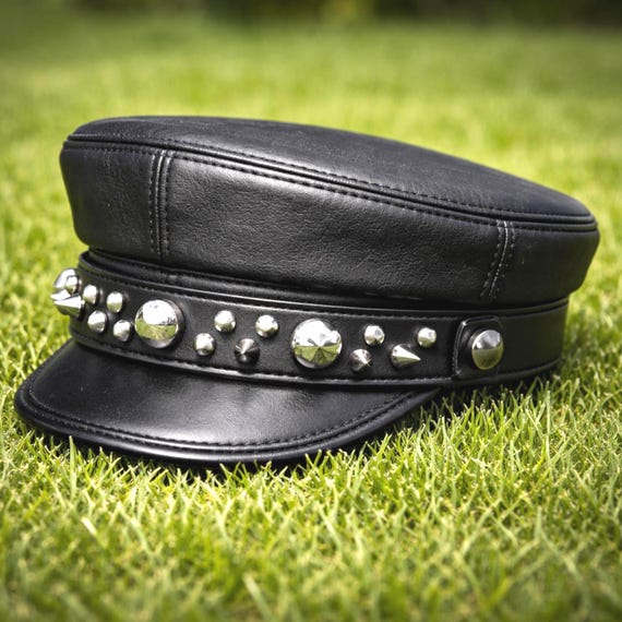 Studded Leather Captain Hat,interchangeable Spiked Band Biker