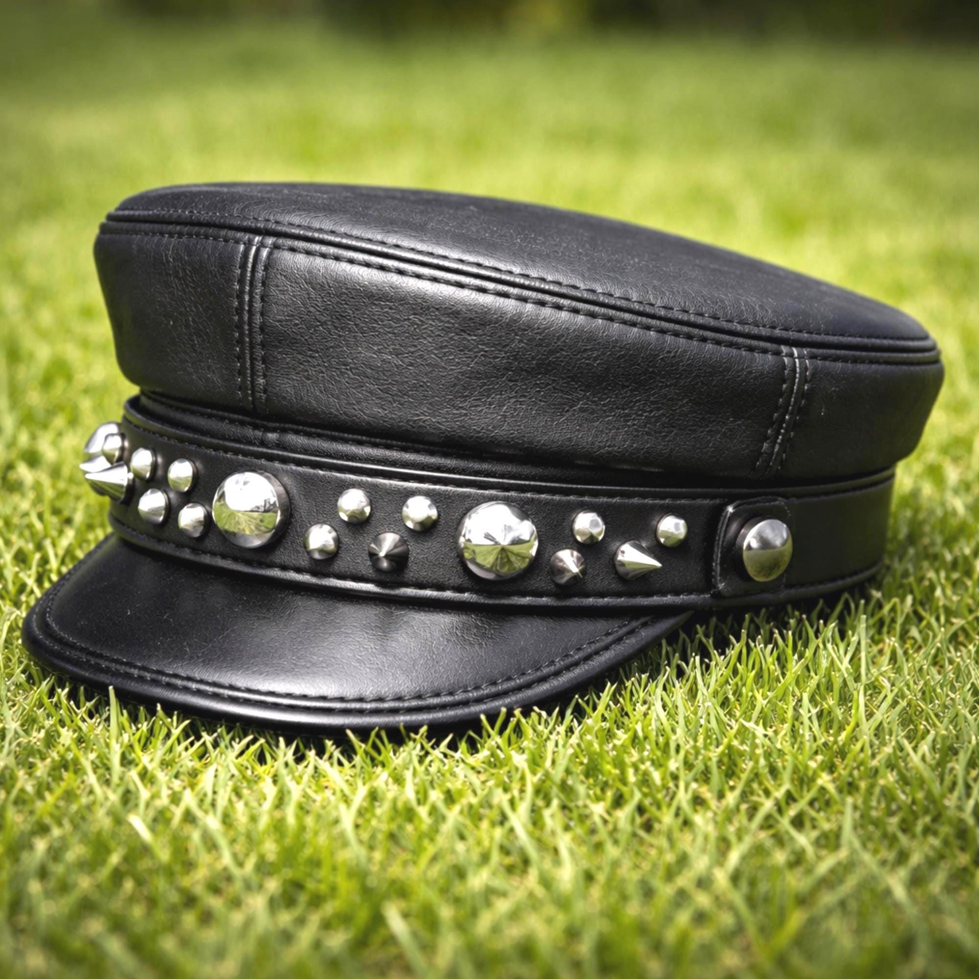 Studded Leather Captain Hat,interchangeable Spiked Band Biker