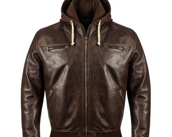 Men's Brown Cowhide Leather Bomber Jacket with Removable Hoodie