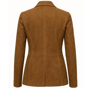 Women brown suede leather blazer back view, tailored slim fit jacket, elegant handmade suede blazer with clean structured design
