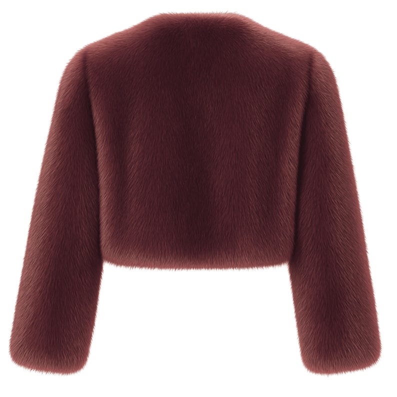 May include: A burgundy faux fur cropped jacket with long sleeves. The jacket has a round neckline and a soft, textured appearance. The back view of the jacket is shown against a white background.