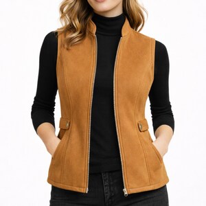 May include: A tan-colored vest with a full-length zipper and two front pockets. The vest is worn over a black turtleneck. The vest has a tailored fit and a classic design.