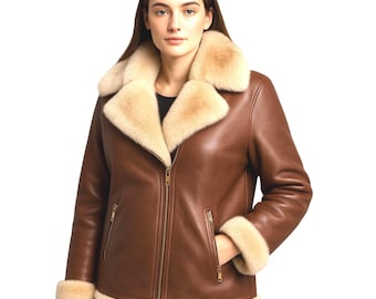 Faux Fur Lined Leather Moto Jacket | Cowhide Shearling Biker Coat