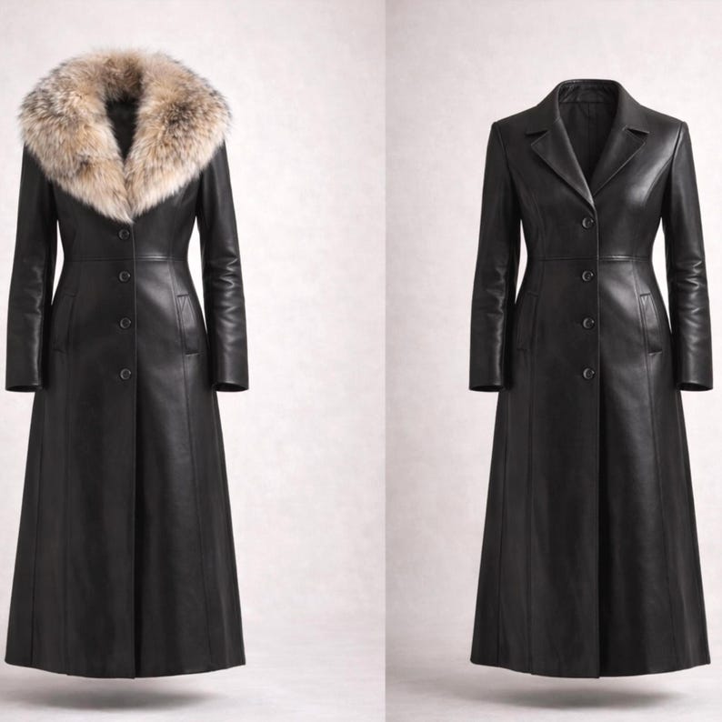 Luxury women’s leather coat shown with fox fur collar, classic black long leather coat styling option