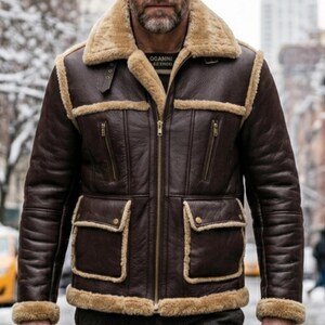 Lederjacke für Herren | Lederjacke aus Shearling-Leder | Bomberjacke aus echtem Schaffell | Winter-Fliegerjacke Bild 3