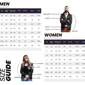 May include: A size guide chart for men's and women's jackets, with measurements for chest, waist, shoulder, and sleeves. The chart includes sizes from XS to XXXXL. A man and woman are shown wearing jackets.