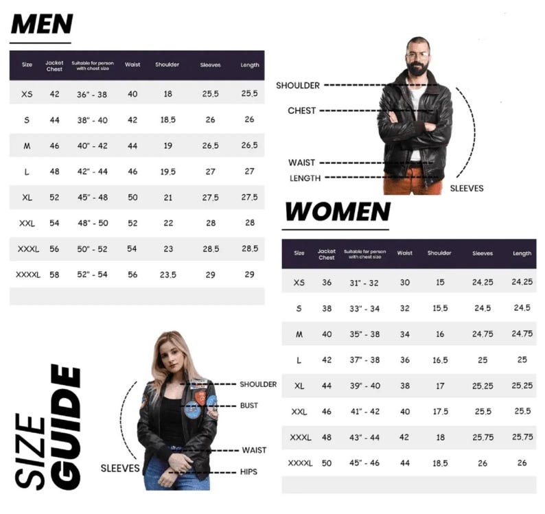 May include: A size guide chart for men's and women's jackets, with measurements for chest, waist, shoulder, and sleeves. The chart includes sizes from XS to XXXXL. A man and woman are shown wearing jackets.