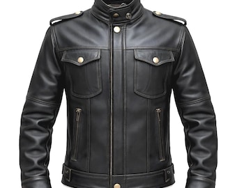 Men's Black Leather Jacket, Military Style, Moto Biker Jacket