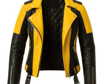 Womens Yellow and Black Sheepskin Leather Biker Jacket