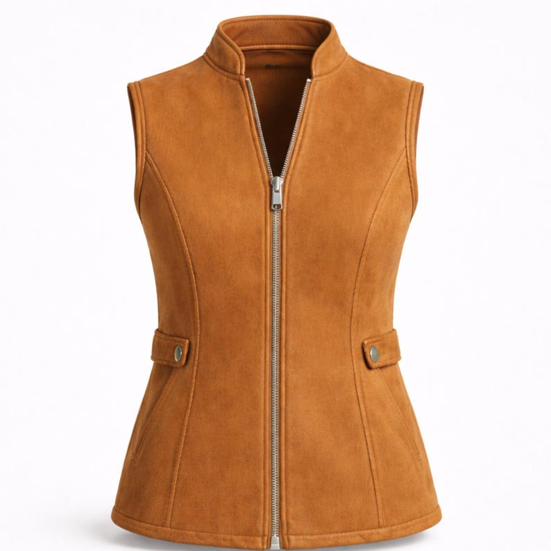 Women wearing camel tan leather vest over black turtleneck, slim fit zip front vest with stand collar, minimalist studio e-commerce photo, Anabia Leather Co.