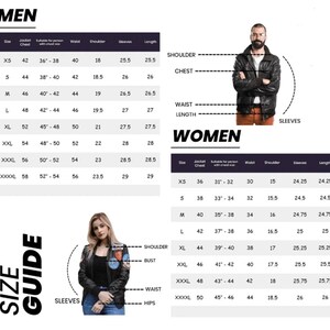 May include: Size guide for men's and women's jackets. The guide includes measurements for chest, waist, shoulder, and sleeves. The men's sizes range from XS to XXXXL, and the women's sizes range from XS to XXXXL. The image also shows a man and a woman wearing jackets.