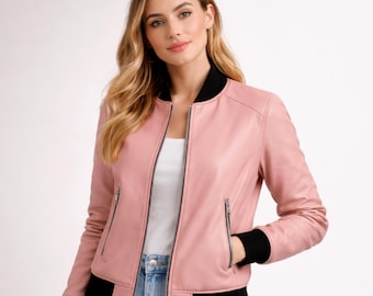 Womens Pink Sheepskin Leather Bomber Jacket – Racing Style Outerwear