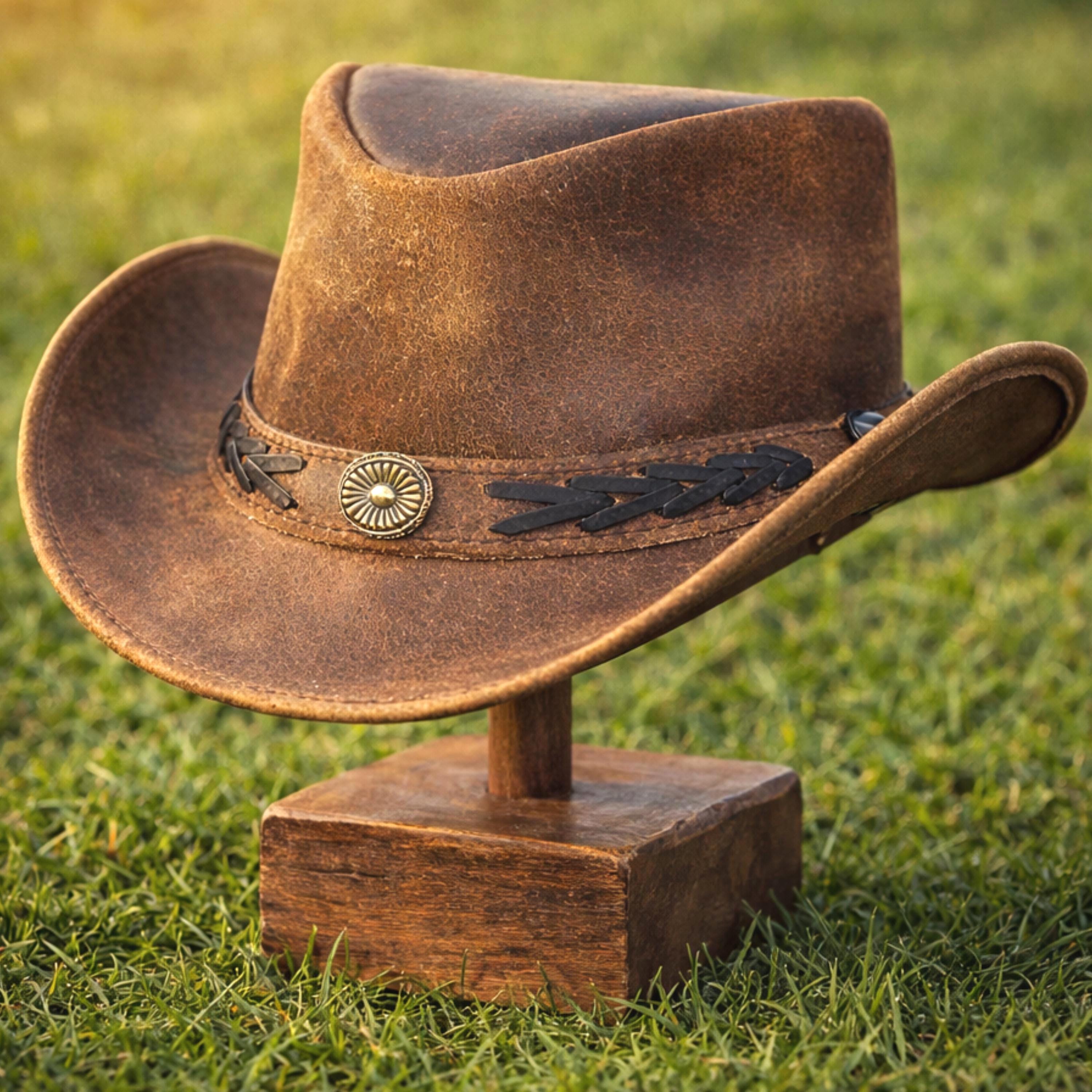 ? Faux Leather Western Cowboy Hat – Brown AND Black | Heart Concho Band Faux Leather Cowboy Hat, Wide Brim Ranch Style, Vintage  main image 2