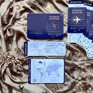 Invitación de boda con pasaporte: invitación personalizada para boda de destino, papelería de boda con temática de viajes, set de invitaciones de boda personalizado
