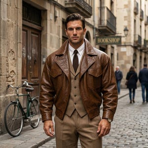 Oversized heren pilotenjas van bruin schapenleer | Relaxte blouson-stijl met binnenzakken
