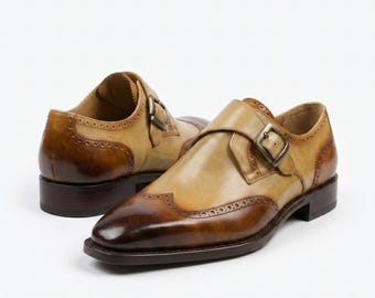 Bespoke Two-Tone Leather Wingtip Shoes: Handcrafted Monk Strap