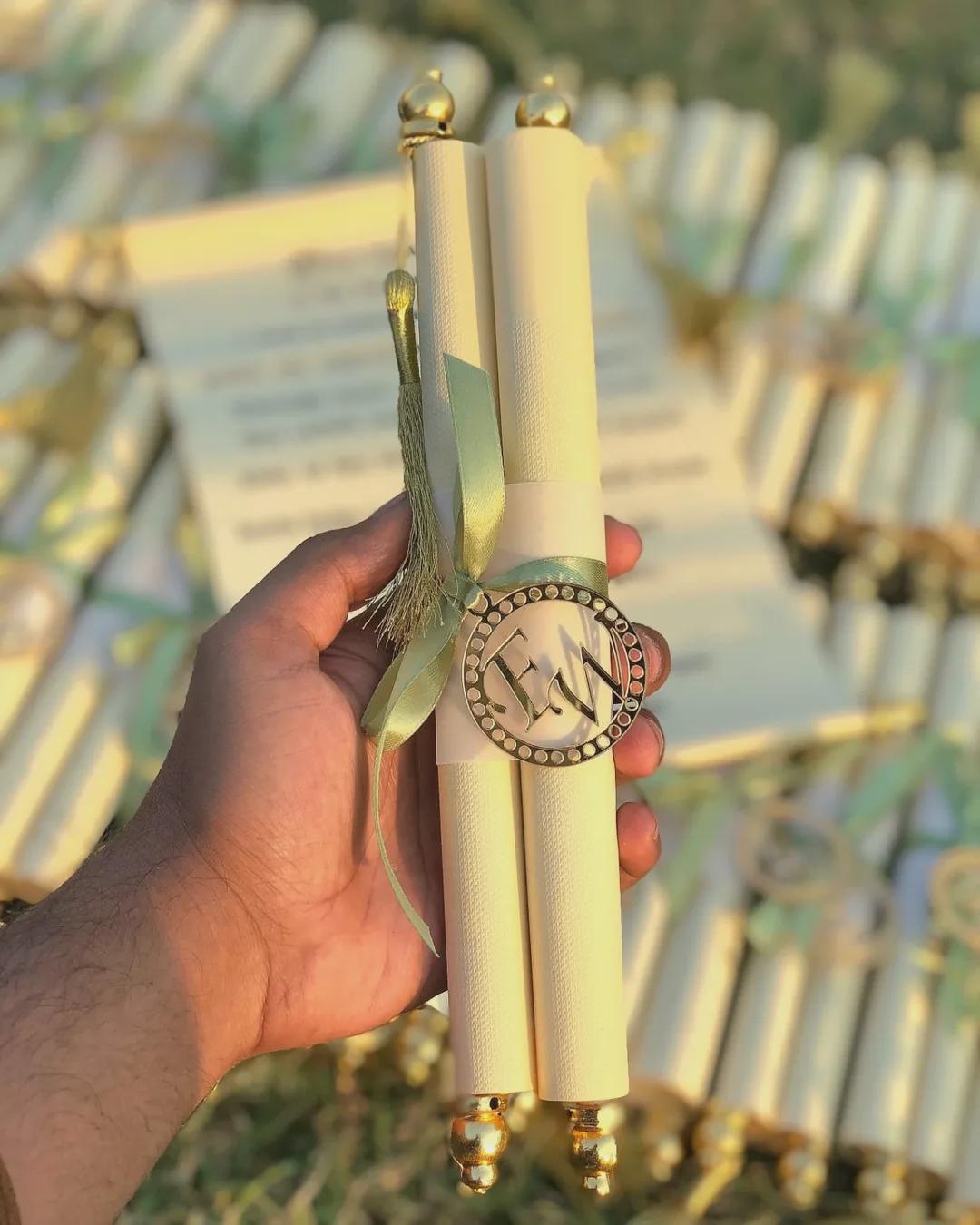 Luxury Scroll Wedding Invitation – Rolled Ribbon Finish | Handmade Regal Wedding Card