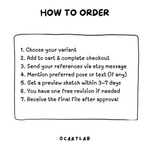 May include: A white informational graphic with black text titled HOW TO ORDER. It lists seven steps: 1. Choose your variant, 2. Add to cart & complete checkout, 3. Send your references via etsy message, 4. Mention preferred pose or text, 5. Get a preview sketch within 3-7 days, 6. You have one free revision if needed, 7. Receive the final file after approval. The brand name OCARTLAB is at the bottom.