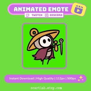 May include: Animated emote featuring a cartoon character with a hat and cape, holding a staff. The image has a green background with text that reads "Animated Emote" and "Twitch Discord". The image is available for instant download.