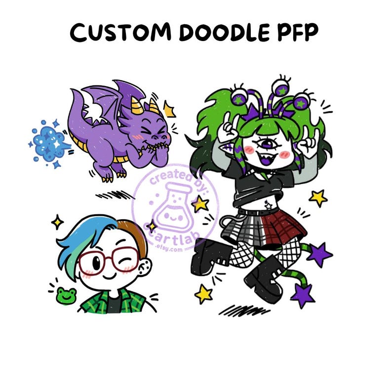 May include: A digital illustration titled CUSTOM DOODLE PFP featuring a purple dragon, a person with blue and brown hair wearing glasses, and a green-haired cyclops character with multiple eyes, all surrounded by stars and a circular logo.