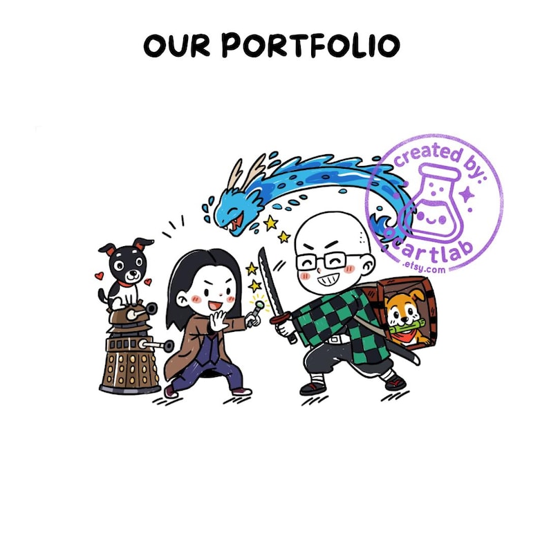 May include: A whimsical illustration with the text "OUR PORTFOLIO." The image features cartoon characters, including a person with a sword, a person in a long coat, a dog, and a Dalek. A blue dragon and a stamp that says "created by: artlab.etsy.com" are also present.