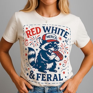 Red White & Feral PNG – Funny 4th of July Raccoon Clipart Eating Hot Dog for Sublimation, Patriotic Shirts