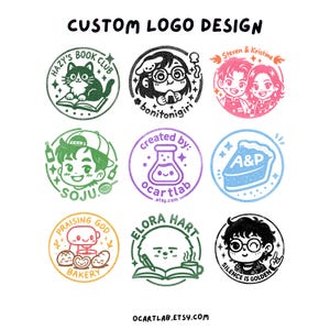 May include: A selection of custom logo designs in a circular format. The logos feature illustrations such as a cat reading, a person with glasses, and a slice of pie. The text "CUSTOM LOGO DESIGN" is at the top, and "OCARTLAB.ETSY.COM" is at the bottom.